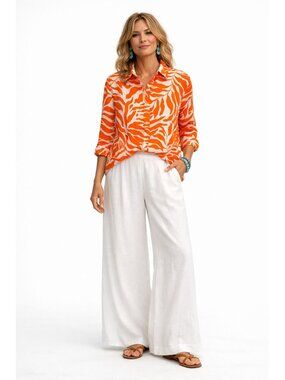 Chicos Orange White Zebra Print 100% Linen Button Shirt 3/4 Sleeves 2 (US 12)